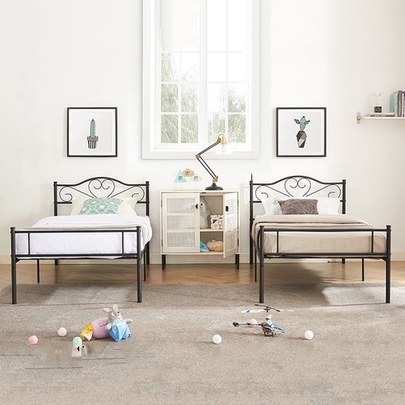 VECELO Set of 2 Twin Size Metal Platform Bed Frame with Headboard and Footboard, No Box Spring Needed, Black