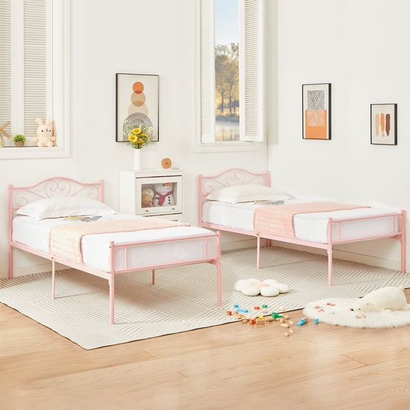 VECELO Set of 2 Twin Size Metal Platform Bed Frame with Headboard and Footboard, Heavy Duty Slat Steel Slat Support, No Box Spring Needed, Pink
