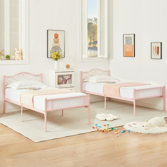 VECELO Set of 2 Twin Size Metal Platform Bed Frame with Headboard and Footboard, No Box Spring Needed, Pink
