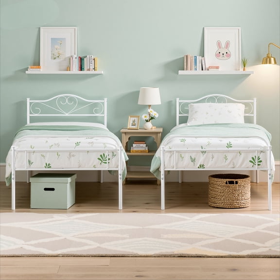 VECELO Set of 2 Twin Size Metal Platform Bed Frame with Headboard and Footboard, Heavy Duty Slat Steel Slat Support, No Box Spring Needed, White
