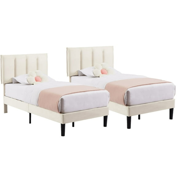 VECELO Set of 2 Twin Size Upholstered Bed Frame, Adjustable Headboard and Wooden Slats Support, No Box Spring Needed/Easy Assembly, Beige