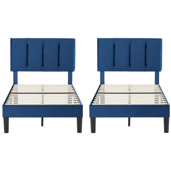 VECELO Set of 2 Twin Size Upholstered Bed Frame, Adjustable Headboard and Wooden Slats Support, No Box Spring Needed/Easy Assembly, Dark Blue