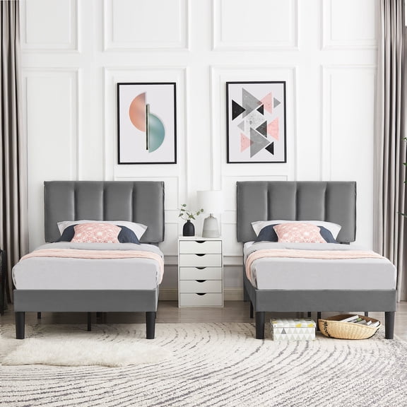 VECELO Set of 2 Twin Size Upholstered Bed Frame, Adjustable Headboard and Wooden Slats Support, No Box Spring Needed/Easy Assembly, Dark Gray