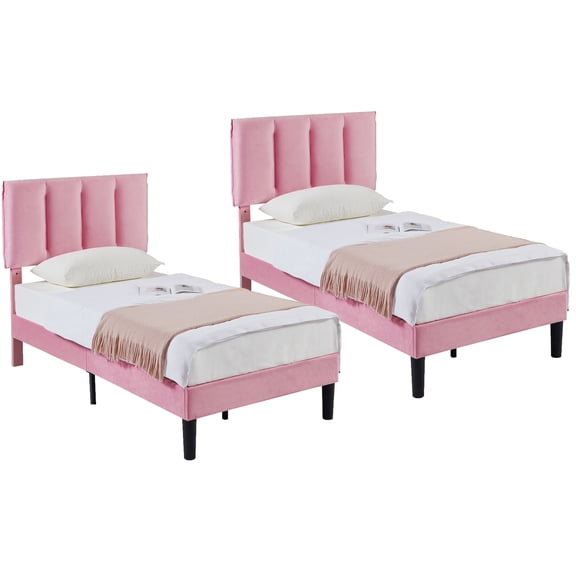 VECELO Set of 2 Twin Size Upholstered Bed Frame, Adjustable Headboard and Wooden Slats Support, No Box Spring Needed/Easy Assembly, Pink