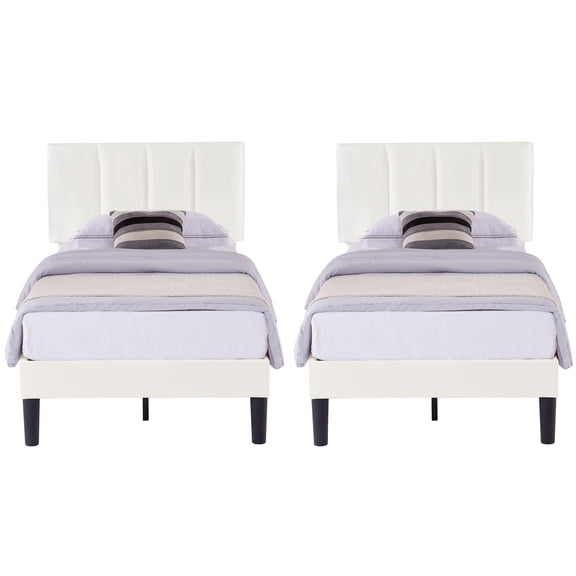 VECELO Set of 2 Twin Size Upholstered Bed Frame, Adjustable Headboard and Wooden Slats Support, No Box Spring Needed/Easy Assembly, White