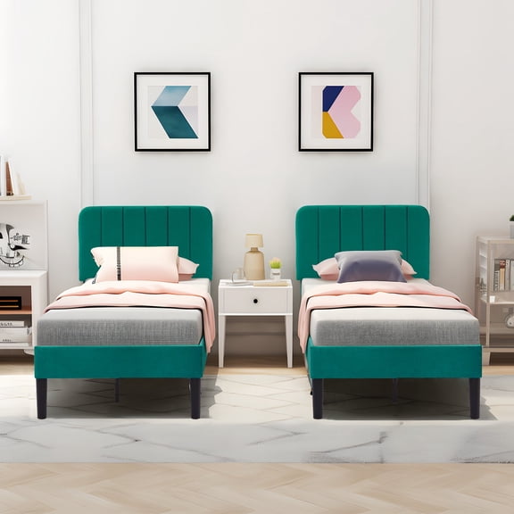 VECELO Set of 2 Twin Upholstered Platform Bed Frame with Adjustable Headboard, Wooden Slats Support/No Box Spring Needed, Dark Green