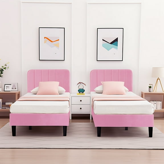 VECELO Set of 2 Twin Upholstered Platform Bed Frame with Adjustable Headboard, Wooden Slats Support/No Box Spring Needed, Pink