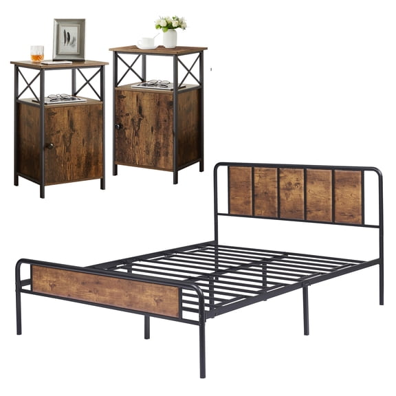 VECELO (Set of 3) Bedroom Set Bed Frame with 2 Brown Nightstand