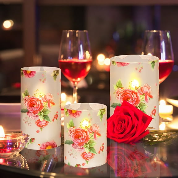 VECELO Set of 3 Floral Glass Flameless Candles with Remote, Flickering Battery LED Pillar Candles, Pink