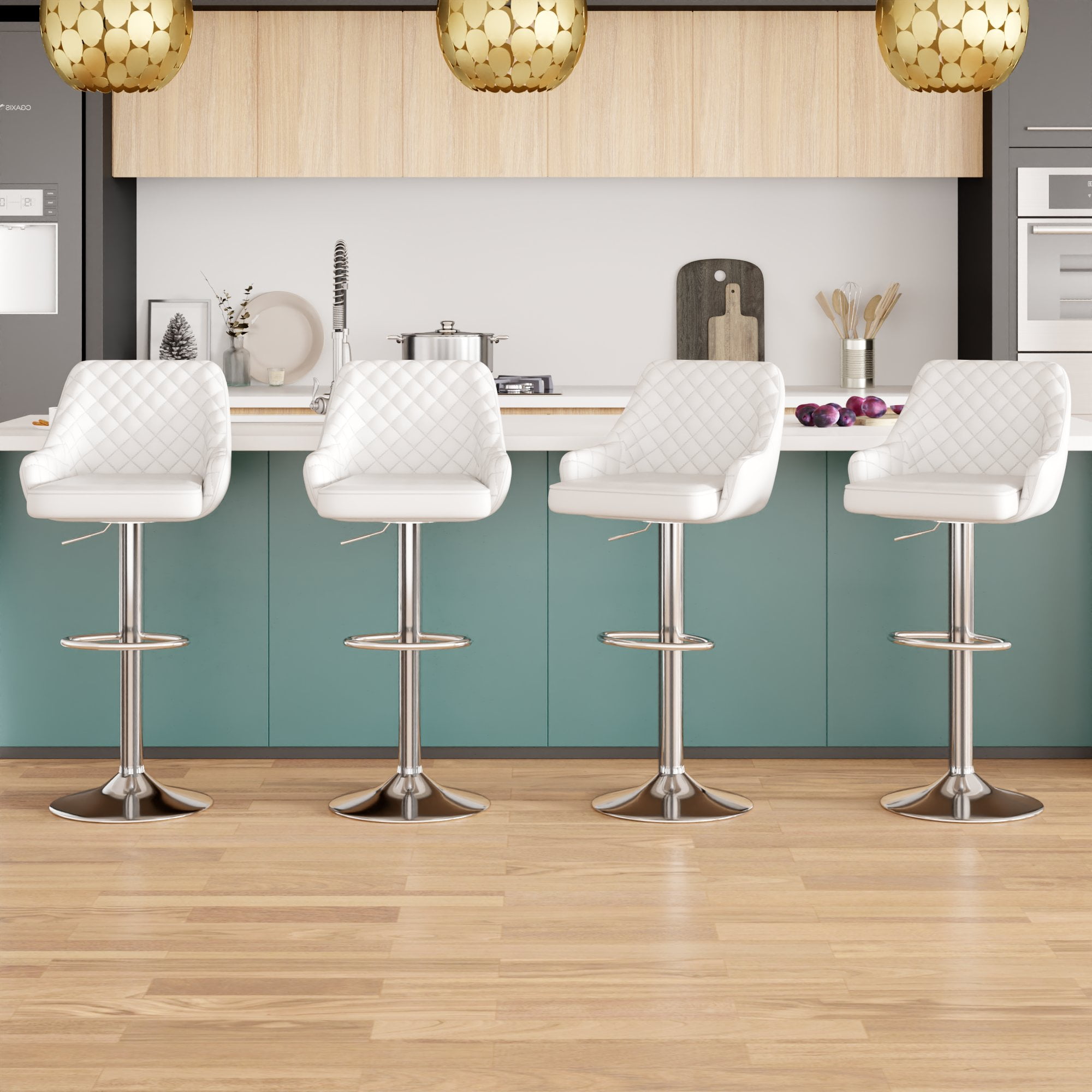 VECELO Set of 4 Bar Stools Adjustable Counter Height Swivel Barstools with Back and Armrest, White