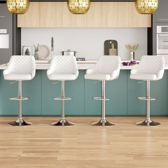 VECELO Set of 4 Bar Stools Adjustable Counter Height Swivel Barstools with Back and Armrest, White