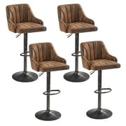 VECELO Set of 4 Bar Stools, Faux Leather Adjustable Swivel Counter Height Barstools with Backrest and Armrest, Dark Brown