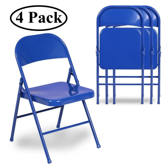 VECELO Set of 4 Metal Folding Chairs with Triple Braced & Double Hinged Back, Blue