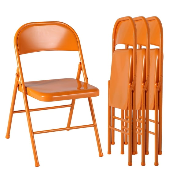 VECELO Set of 4 Metal Folding Chairs with Triple Braced & Double Hinged Back, Orange