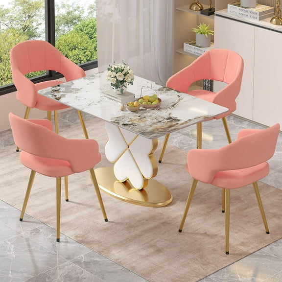VECELO Set of 4 Modern Velvet Dining Chair with Thick Cushions, Upholstered Kitchen Chair with Gold Metal Legs, Pink