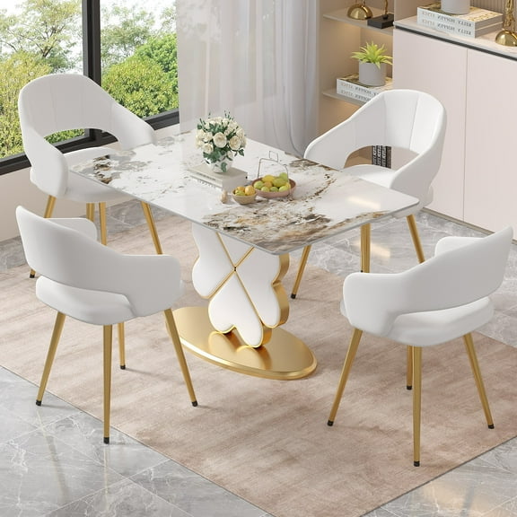 VECELO Set of 4 Modern Velvet Dining Chair with Thick Cushions, Upholstered Kitchen Chair with Gold Metal Legs, White