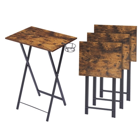 VECELO Set of 4 TV Tray Table, Folding Snack Table with Cup Holder, Tiny Desk for Couch, Living Room, Bedroom, Office, Brown