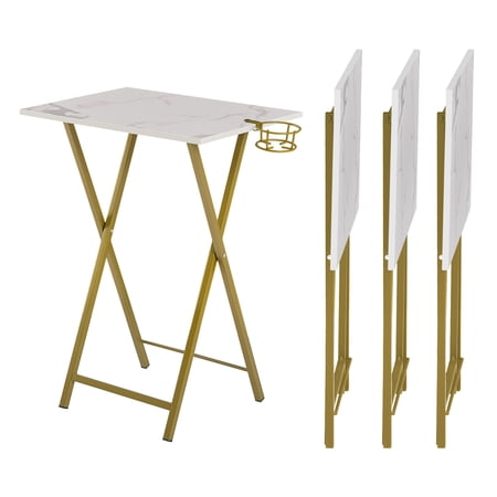 VECELO Set of 4 TV Tray Table, Folding Snack Table with Cup Holder, Tiny Desk for Couch, Living Room, Bedroom, Office, Gold