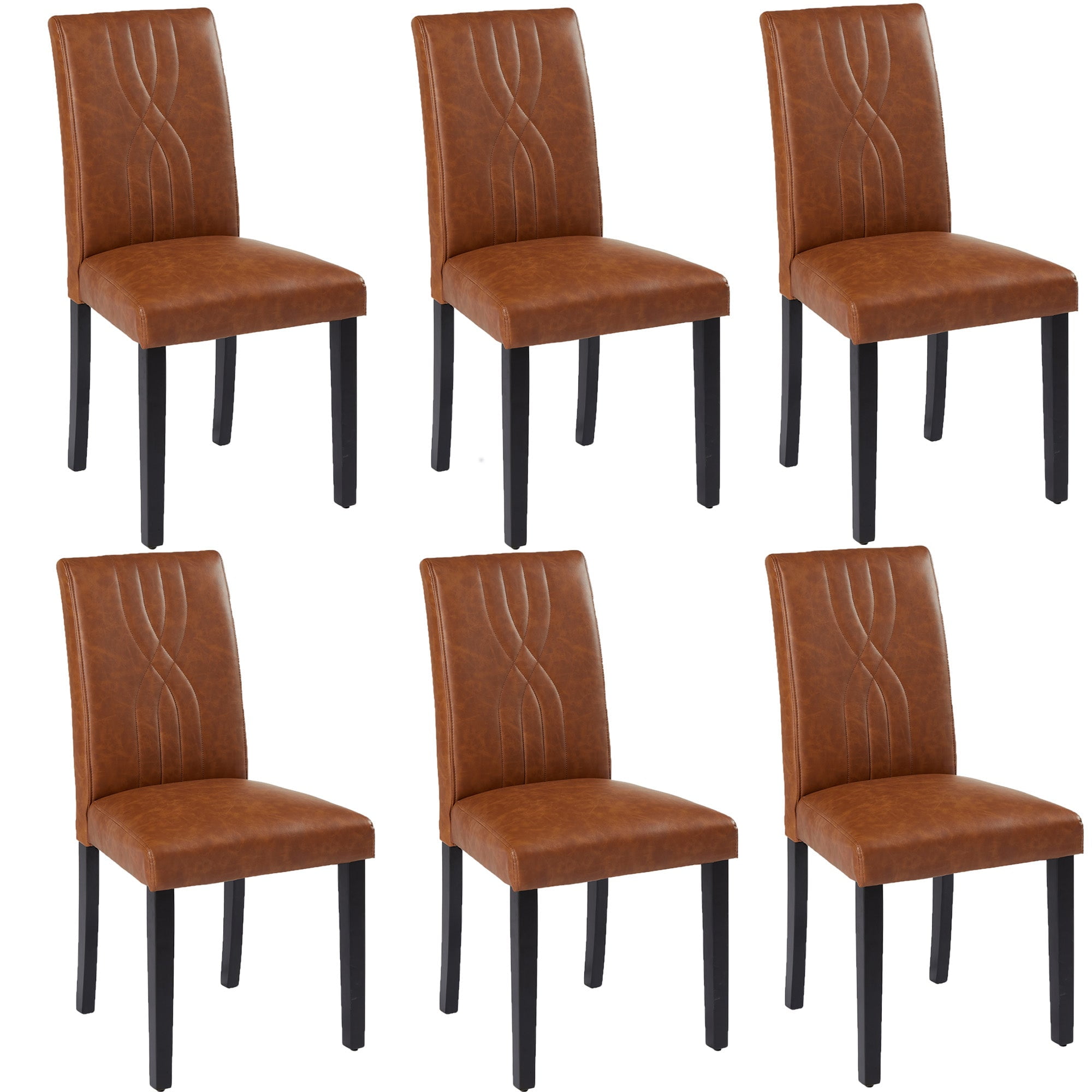 VECELO Upholstered Dining Chairs, Modern PU Leather High Back Chair with Wood Legs for Kitchen, Living Room, Set of 6, Brown