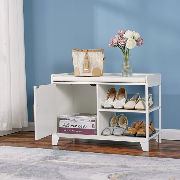VECELO Shoe Bench with Drawer Shoe Cabinet, 2-Tier Shoe Rack with Soft Removable Seat Cushion, Entryway Shoe Organizer Storage Bench for Bedroom Living Room and Hallway, White