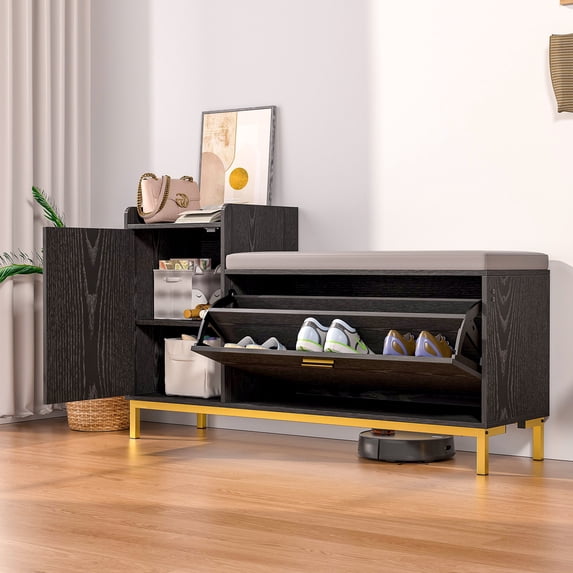 VECELO Shoe Storage Bench with Flip Drawer, Entryway Cabinet with Adjustable Shelves and Removable Seat Cushion, Black