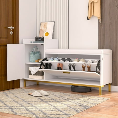 VECELO Shoe Storage Bench with Flip Drawer, Entryway Cabinet with Adjustable Shelves and Removable Seat Cushion, White