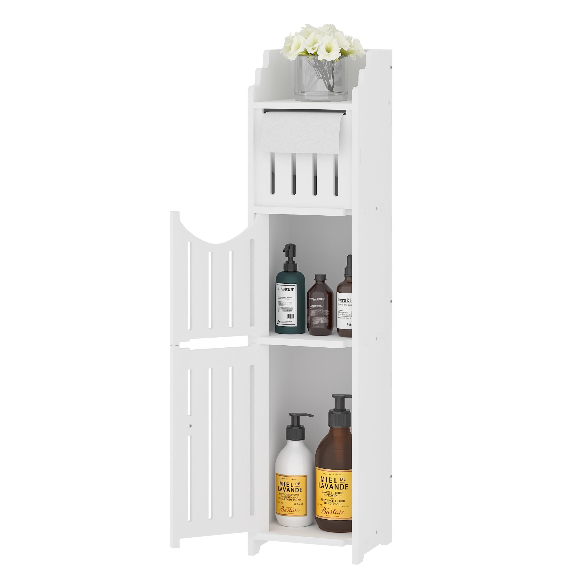 VECELO Small Bathroom Cabinet, Multi-layer Narrow Storage Cabinet with Door and Toilet Paper Holder, Corner Floor Cabinet for Small Spaces, White