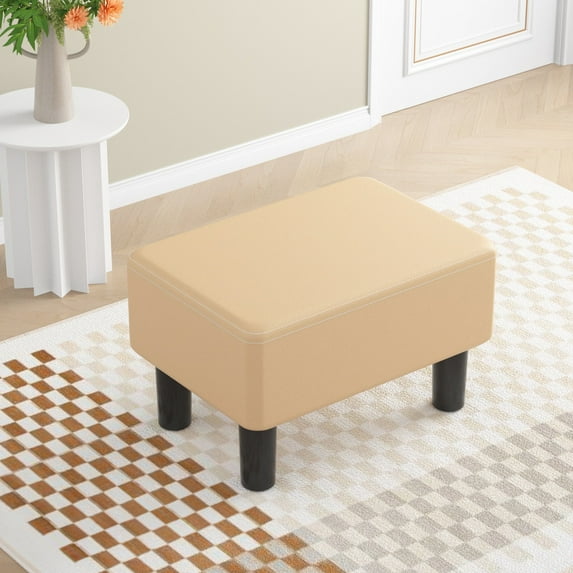 VECELO Small Footstool Ottoman, PU Leather Footrest with Legs, Rectangle Padded Seat for Living Room Bedroom, Beige