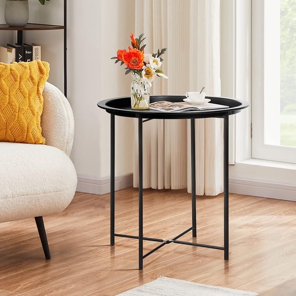 VECELO Small Round Side End Table, Folding Metal Coffee Table with Removable Tray for Living Room Bedroom Balcony and Office, Black