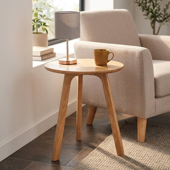 VECELO Solid Wood Round Coffee Table, Modern 3-Legged Side Accent Table, Compact Sofa Side Table for Living Room Bedroom Small Space