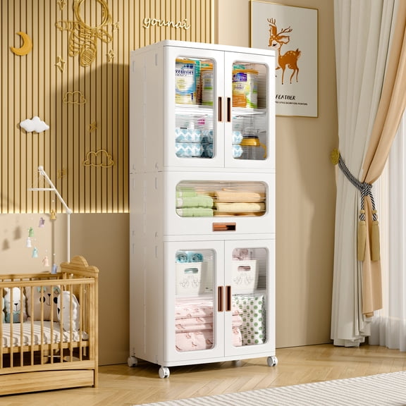 VECELO Stackable 2-Pack Storage Bins with Drawer, Storage Organizer with Wheels and Dual Door, Plastic Closet Collapsible Storage Bins for Home, Office and Dorm, White