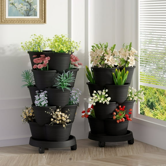 VECELO Stackable Planters 5 Tier Vertical Gardening Planter, Stackable Garden Tower Indoor Outdoor Pot For Strawberries, Flowers, Herbs, Vegetables With Removable Wheels, Black