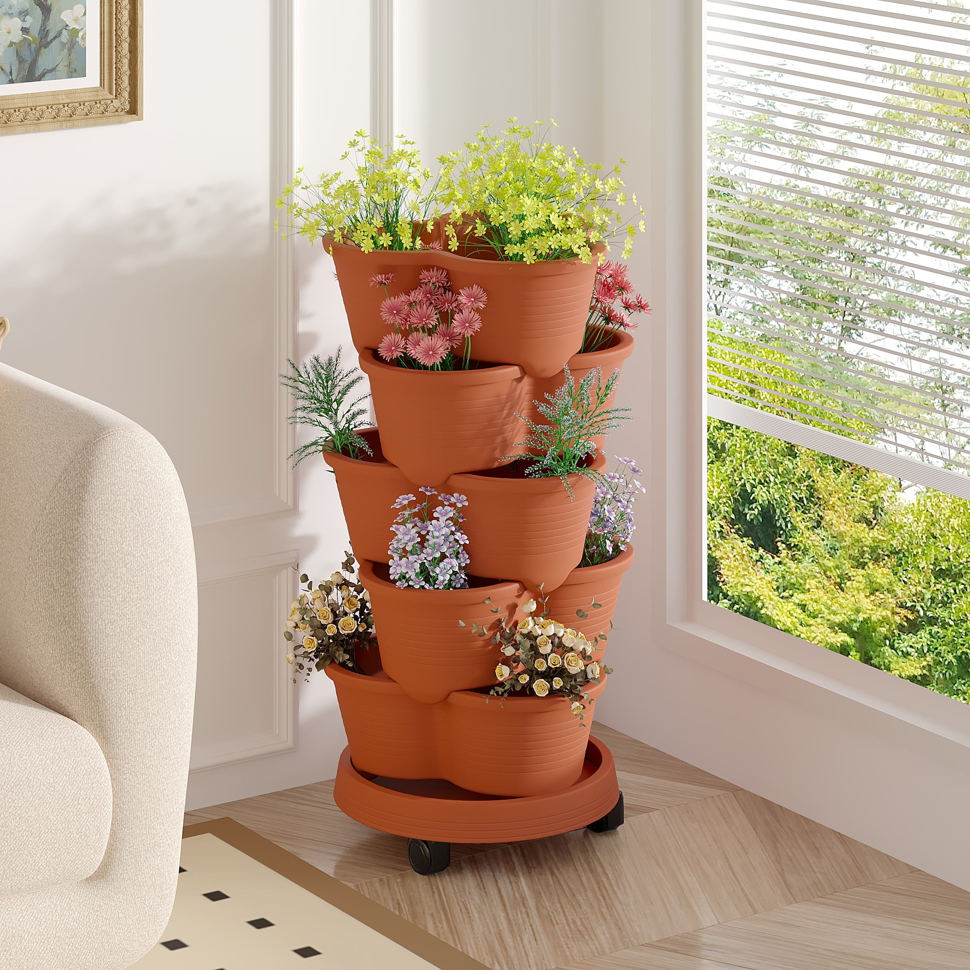 VECELO Stackable Planters 5 Tier Vertical Gardening Planter, Stackable Garden Tower Indoor Outdoor Pot For Strawberries, Flowers, Herbs, Vegetables With Removable Wheels, Orange Red