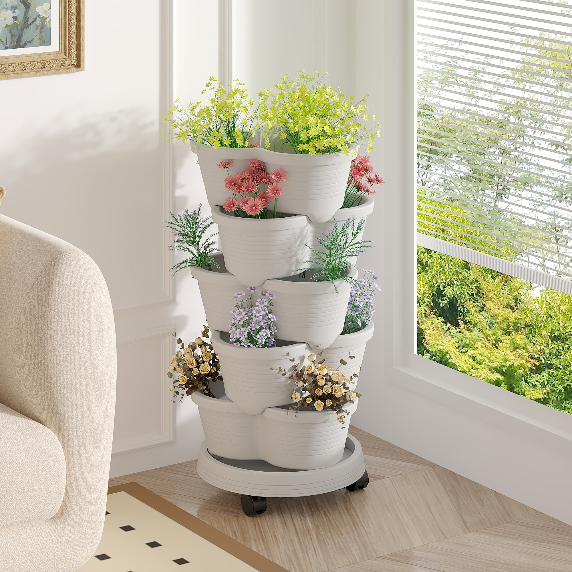 VECELO Stackable Planters 5 Tier Vertical Gardening Planter, Stackable Garden Tower Indoor Outdoor Pot For Strawberries, Flowers, Herbs, Vegetables With Removable Wheels, Gray
