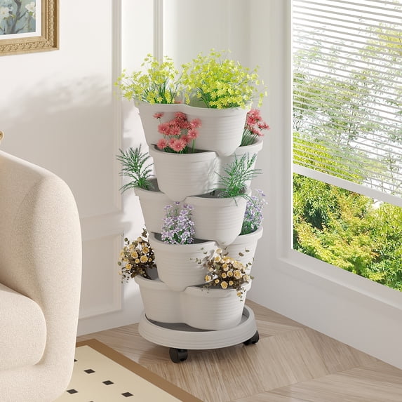 VECELO Stackable Planters 5 Tier Vertical Gardening Planter, Stackable Garden Tower Indoor Outdoor Pot For Strawberries, Flowers, Herbs, Vegetables With Removable Wheels, Gray
