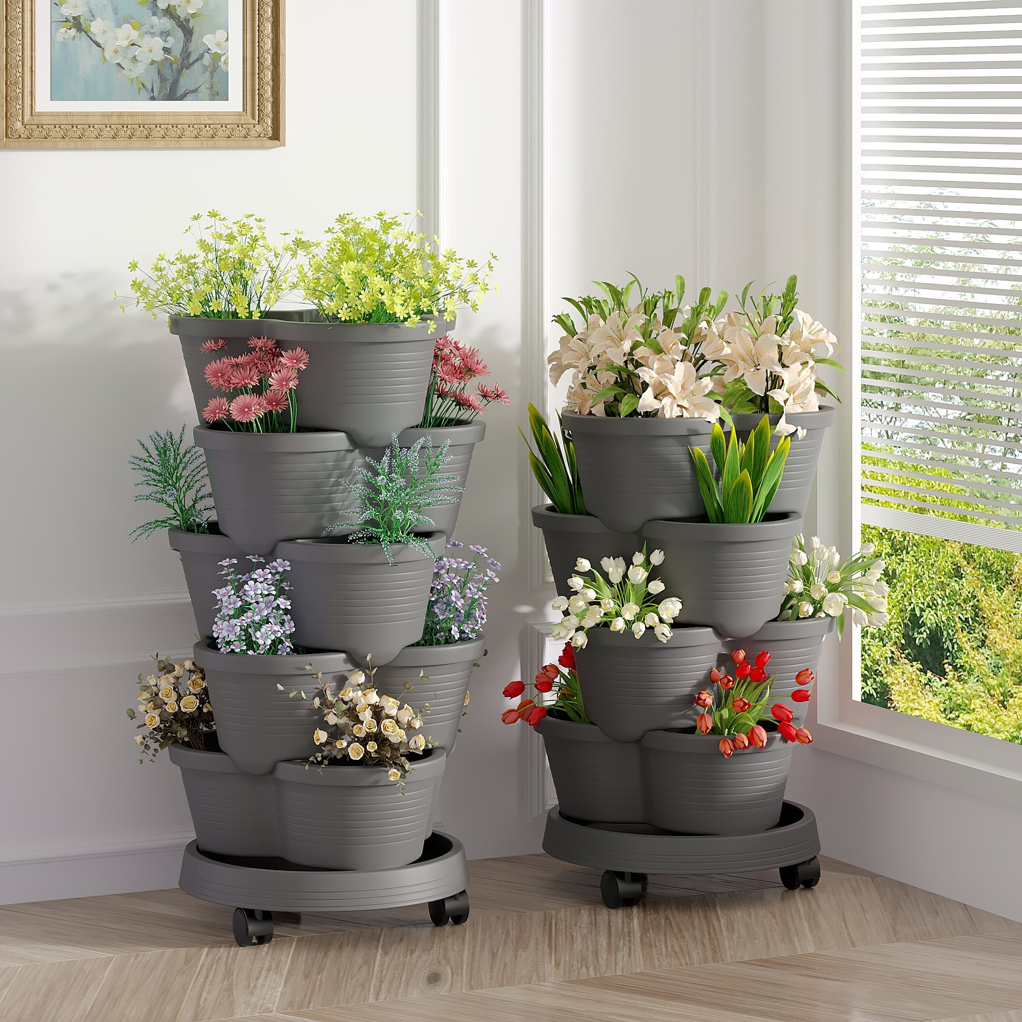 VECELO Stackable Planters 5 Tier Vertical Gardening Planter, Stackable Garden Tower Indoor Outdoor Pot For Strawberries, Flowers, Herbs, Vegetables With Removable Wheels, Dark Gray