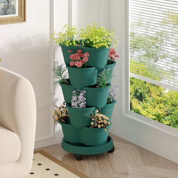 VECELO Stackable Planters 5 Tier Vertical Gardening Planter, Stackable Garden Tower Indoor Outdoor Pot For Strawberries, Flowers, Herbs, Vegetables With Removable Wheels, Dark Green