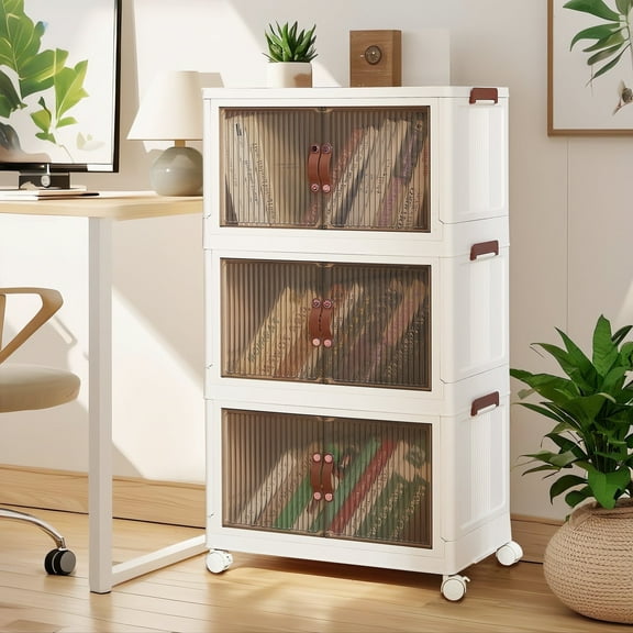 VECELO Stackable Storage Bins with Lids, 3-Tier Plastic Foldable Storage Boxes with Doors and Wheels, Collapsible Storage Containers, White