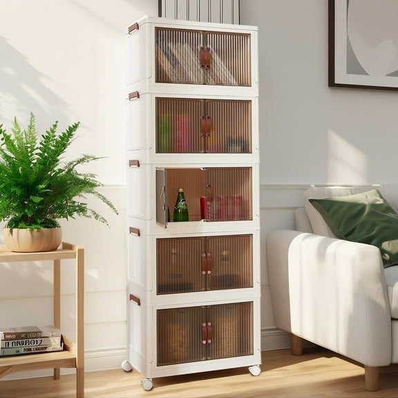 VECELO Stackable Storage Bins with Lids, 5-Tier Plastic Foldable Storage Boxes with Doors and Wheels, Collapsible Storage Containers, White