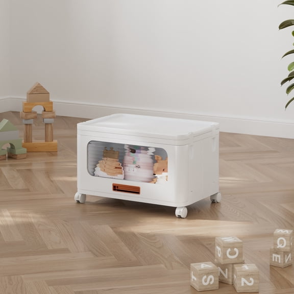 VECELO Stackable Storage Drawers Cabinet with Lids & Wheels, Folding Multi-Tier Collapsible Plastic Storage Boxes for Bedroom Living Room Kitchen Study Office, White, Medium, 1-Tier