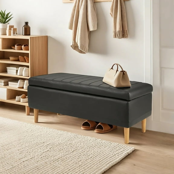 VECELO Storage Ottoman Bench, 44.5" PU Leather Upholstered Entryway Bench with Wood Legs, Ottoman Bench Indoor Storage Bench for Living Room, Bedroom, Black