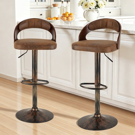 VECELO Swivel Bar Stools Set of 2, Adjustable Height PU Leather Armless Barstool with Back & Footrest for Bar Kitchen Dining Room, Dark Brown