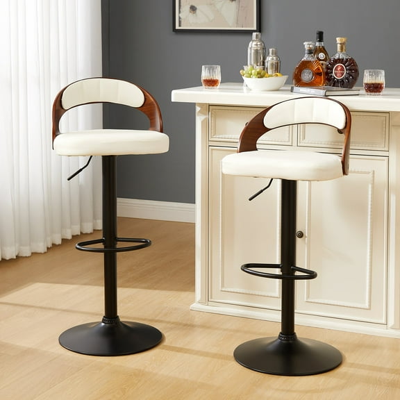 VECELO Swivel Bar Stools Set of 2, Adjustable Height PU Leather Armless Barstool with Back & Footrest for Bar Kitchen Dining Room, White
