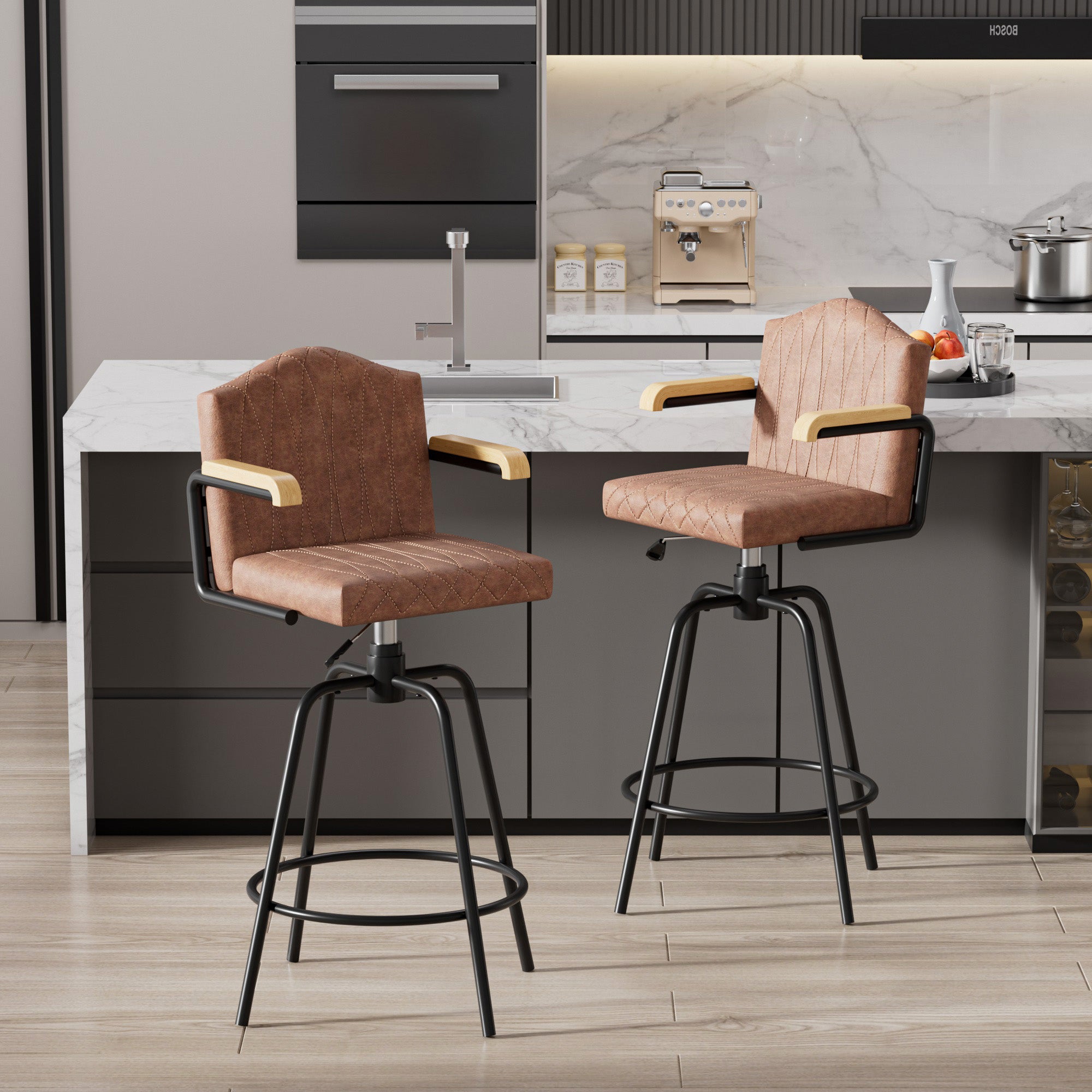 VECELO Swivel Bar Stools Set of 2 with Back and Armrest, Counter Height, Velvet Upholstered Bar Chairs for Kitchen Island & Home, Brown