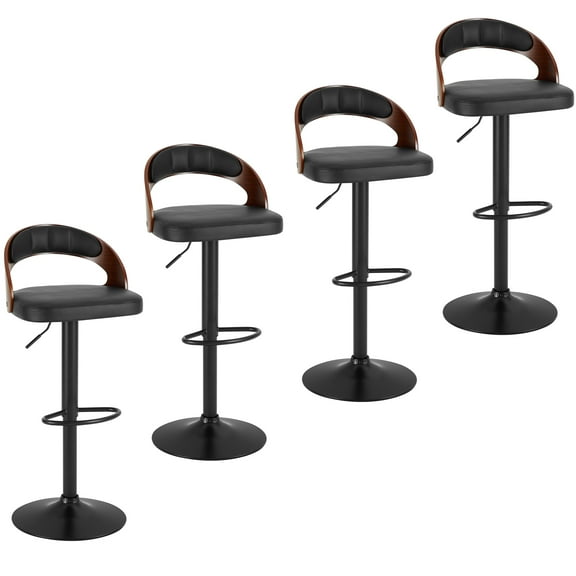 VECELO Swivel Bar Stools Set of 4, Adjustable Height PU Leather Armless Barstool with Back & Footrest for Bar Kitchen Dining Room, Black
