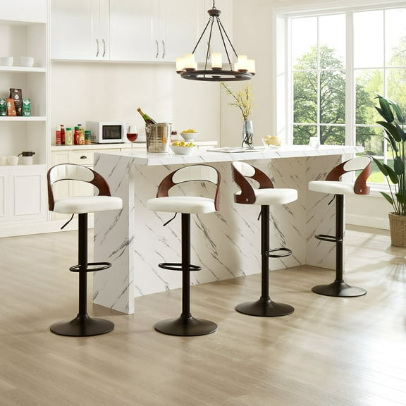 VECELO Swivel Bar Stools Set of 4, Adjustable Height PU Leather Armless Barstool with Back & Footrest for Bar Kitchen Dining Room, White