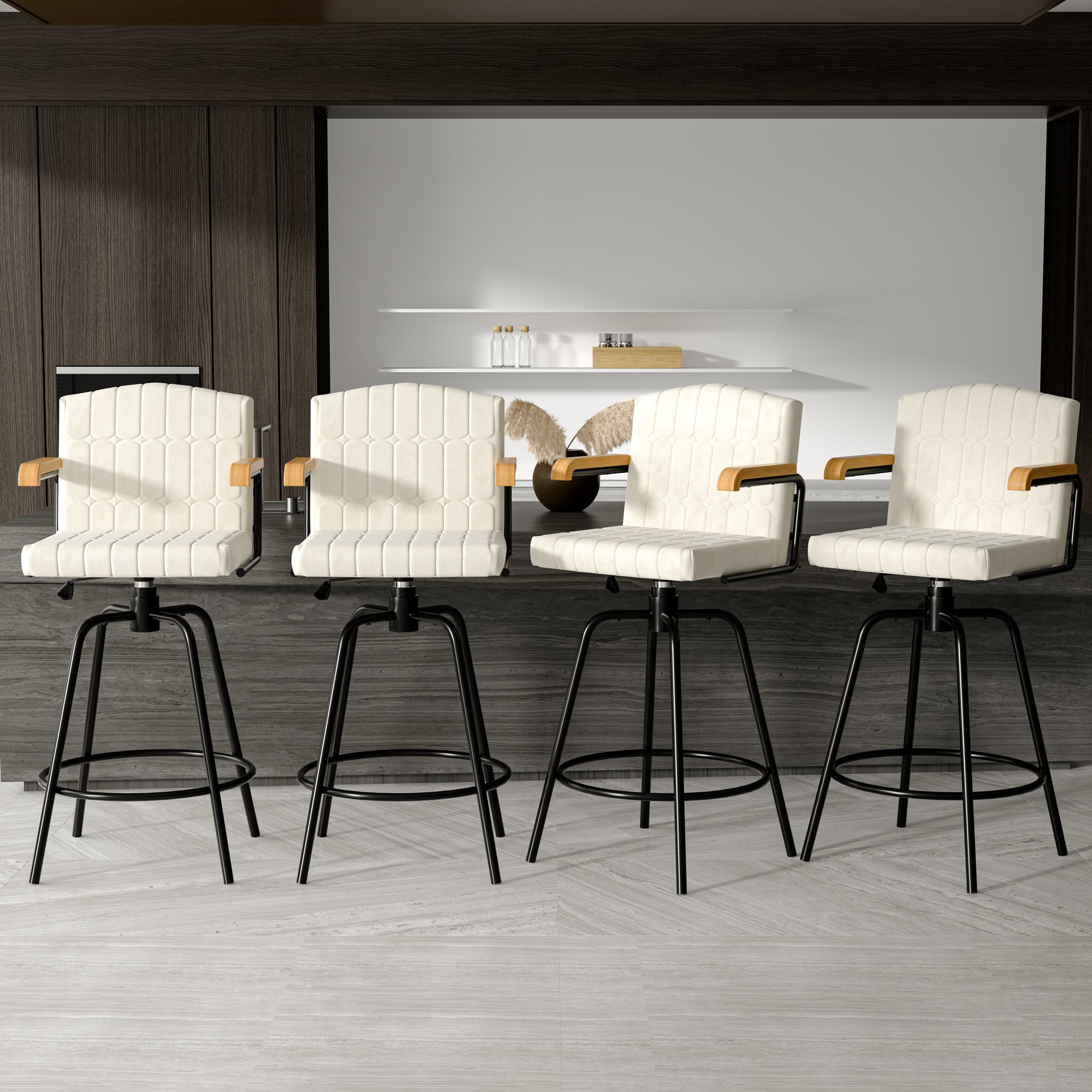 VECELO Swivel Bar Stools Set of 4 with Back and Armrest, Counter Height, Velvet Upholstered Bar Chairs for Kitchen Island & Home, Beige