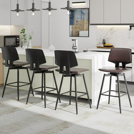 VECELO Swivel Counter Height Bar Stools Set of 4, Faux Leather Upholstered Bar Chairs with Back Footrest and Metal Legs for Kitchen Island, Brown