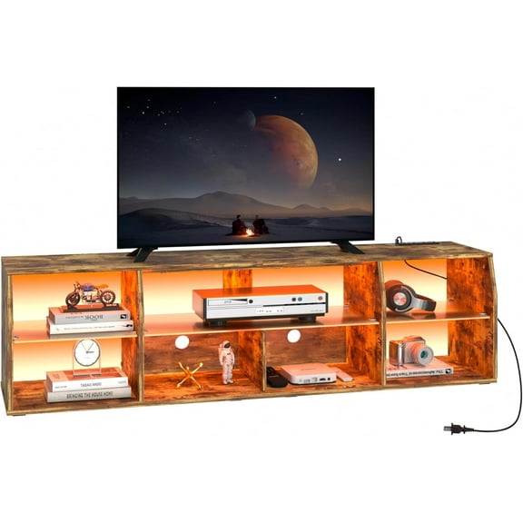 VECELO TV Stand for TVs up to 80 Inch with LED and Power Outlet, Gaming Entertainment Center for PS5 with 7 Open Storage, 23 Dynamic RGB Modes Console Table for Living Room Bedroom, Light Brown 70"