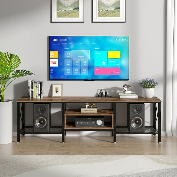 VECELO TV Stand for TV up to 70 Inch, Entertainment Center TV Console with Storage Shelves for Living Room, Brown